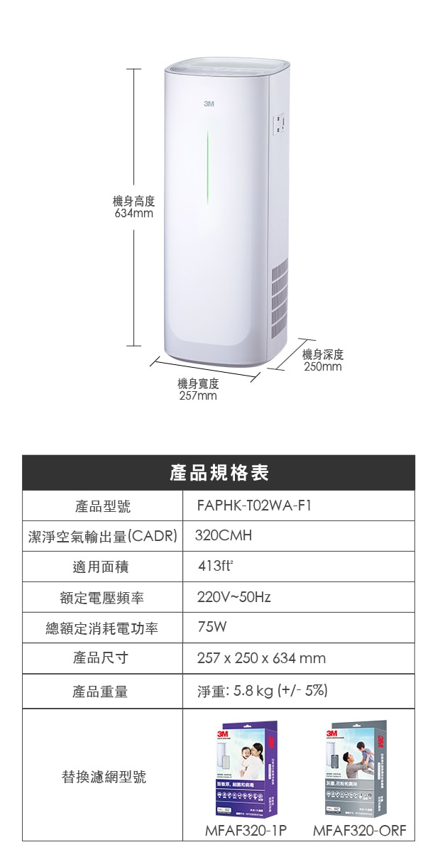 3M™ 空氣淨化器 FAPHK-T02WA-F1：產品規格表